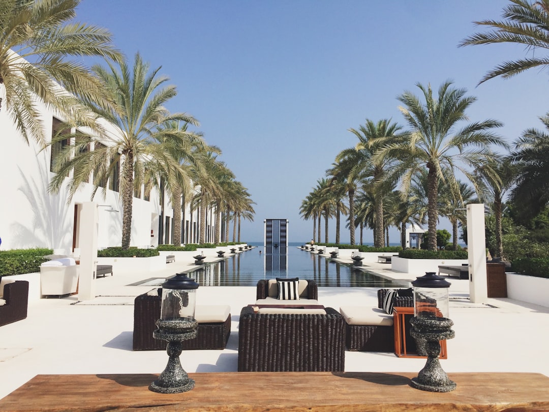 a pool with chairs and tables by it and palm trees - Photo by sophie Lavabre barrow on Unsplash